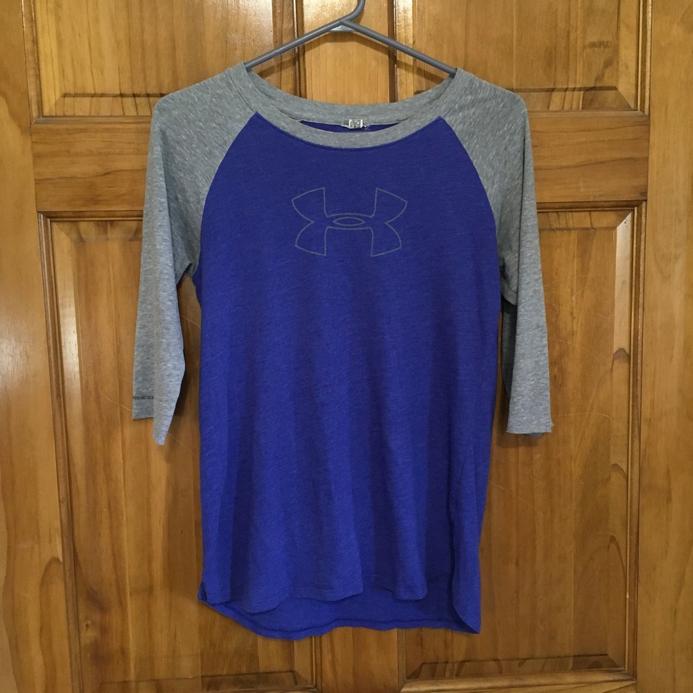 Under‎ Armour Women's Raglan 3/4 Sleeve Shirt Blue Gray Athletic Top